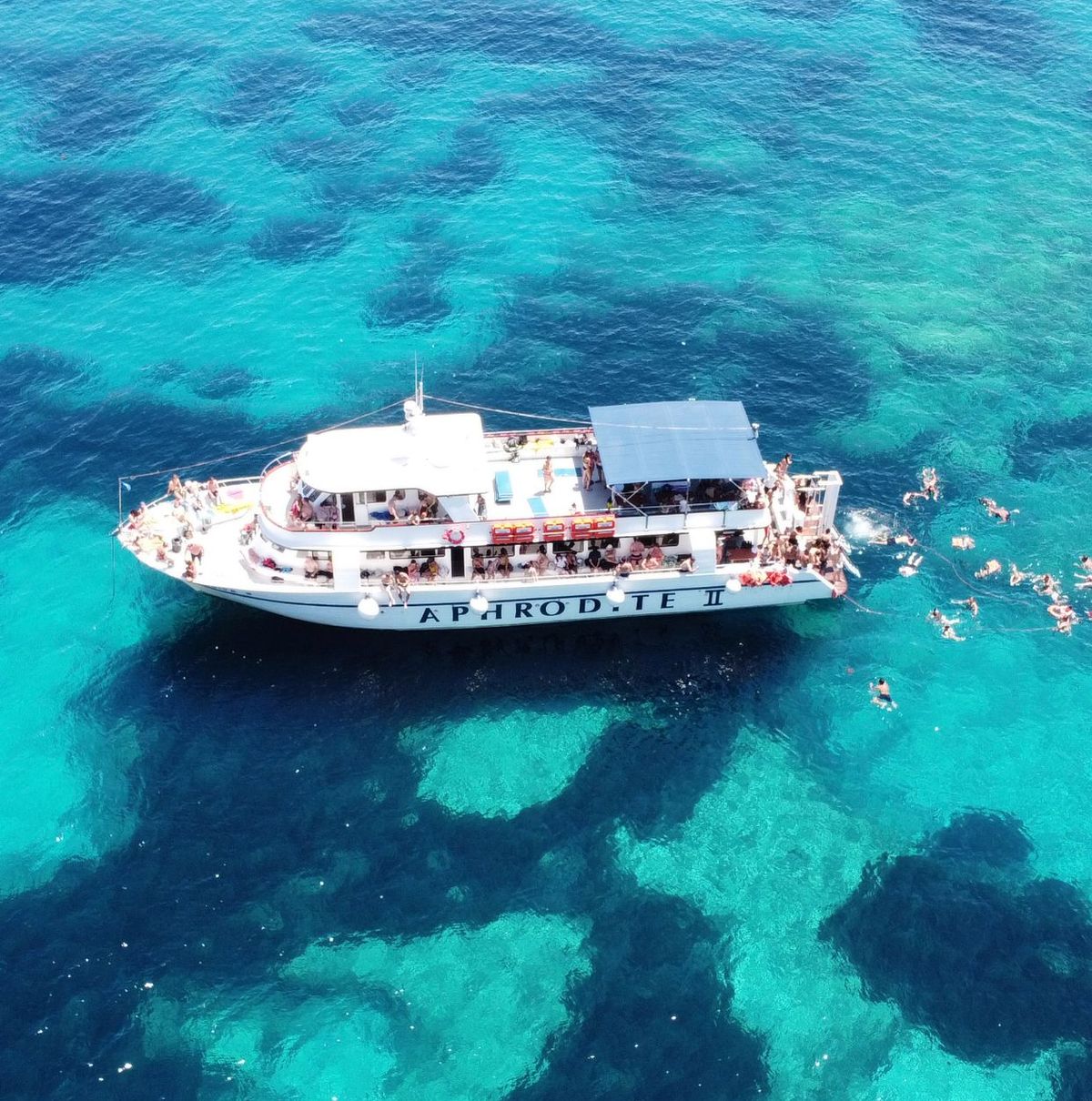 Aphrodite II aerial view swim stop Blue Lagoon Ayia Napa