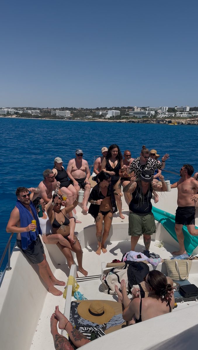 Large group on private charter boat off Ayia Napa coast