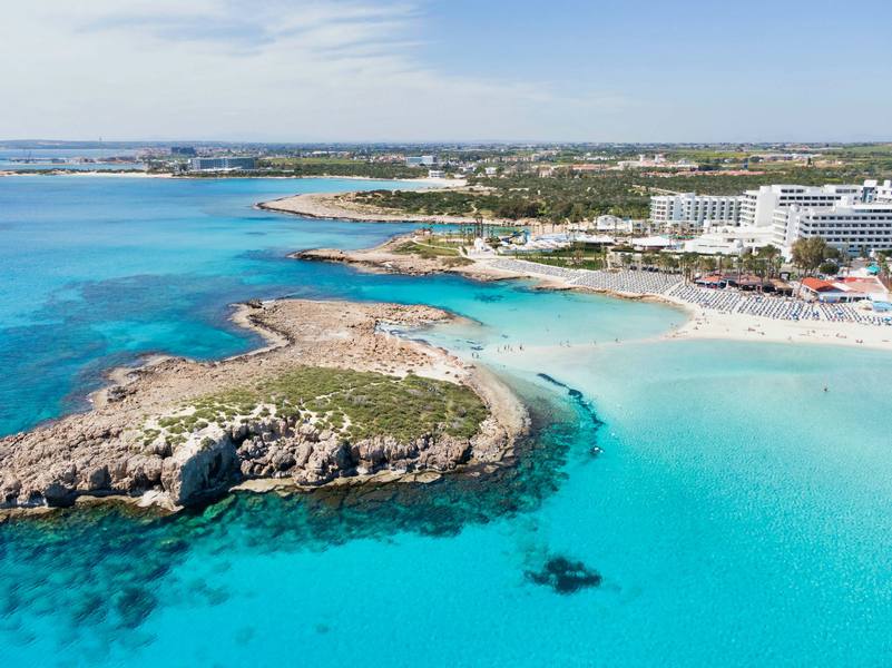 Aerial view of Nissi Beach Ayia Napa — turquoise water and white sand