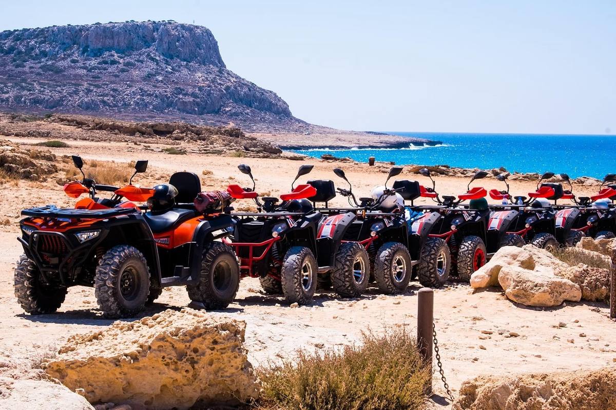 Quad bikes lined up at Cape Greco Ayia Napa coastline