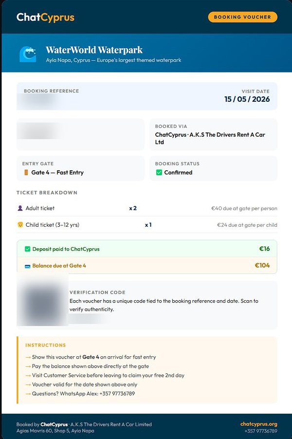 ChatCyprus WaterWorld booking voucher — Gate 4 fast entry